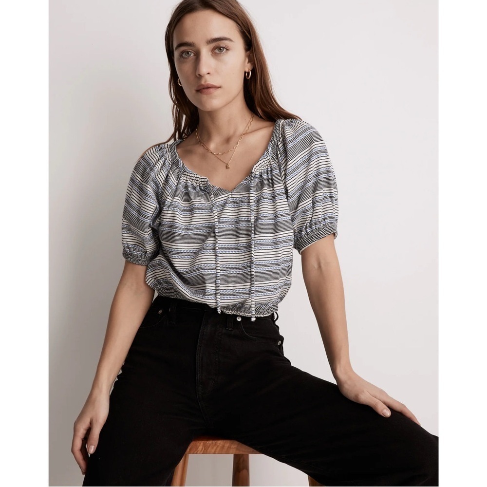 Madewell Jacquard Keyhole Crop Top in Stripe Blue Small Cotton